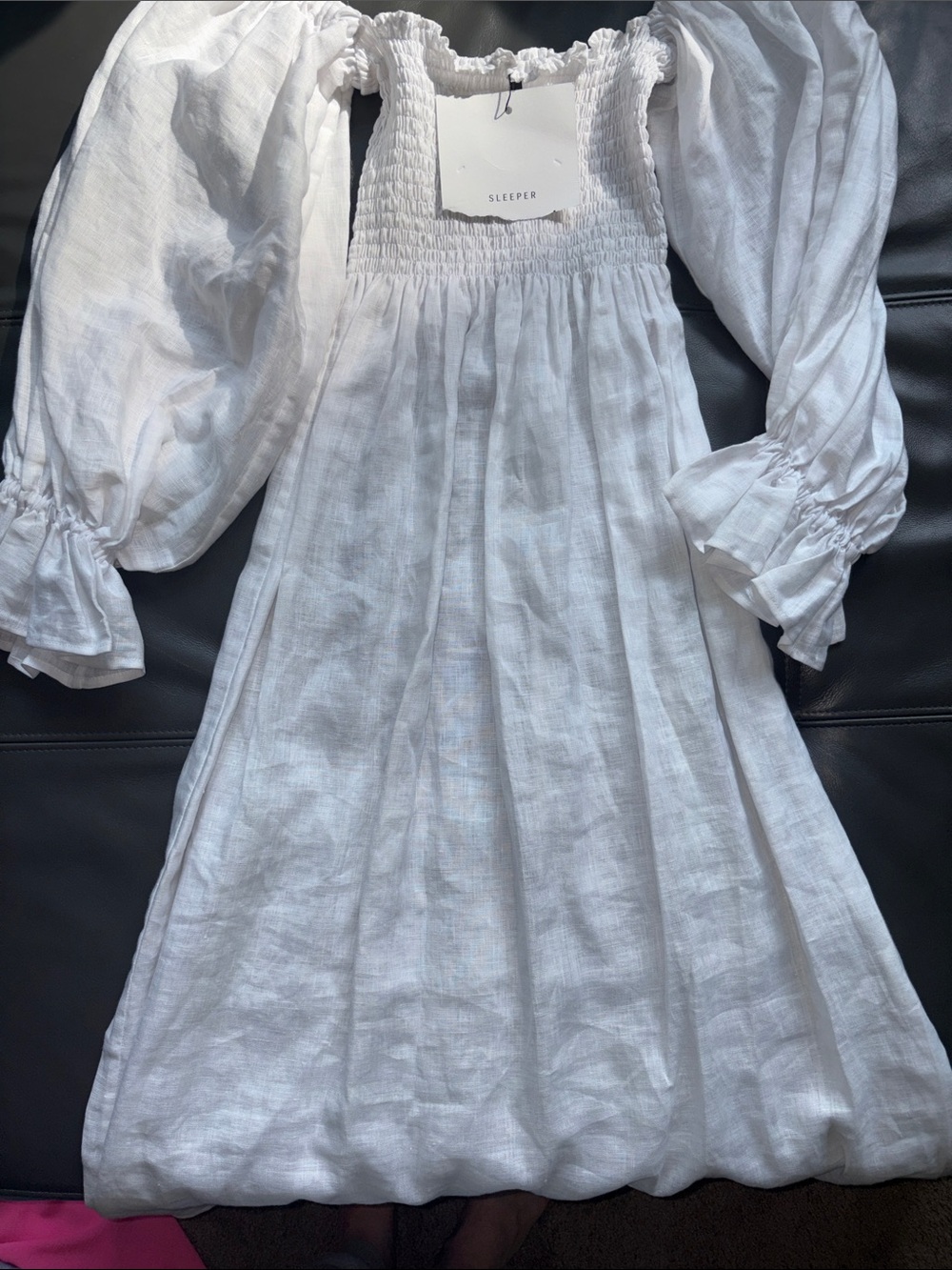 Sleeper White Smocked Linen-Blend Puff Sleeve Maxi Dress